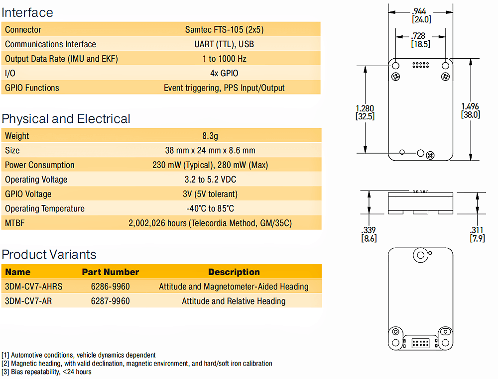 3DMCV7-AR高性能OEM惯性测量单元 (IMU) 和垂直参考单元 (VRU)的技术参数