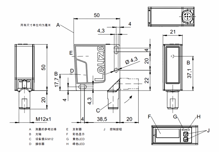 ODS9L2.8/L6X-200-M12 传感器的尺寸图