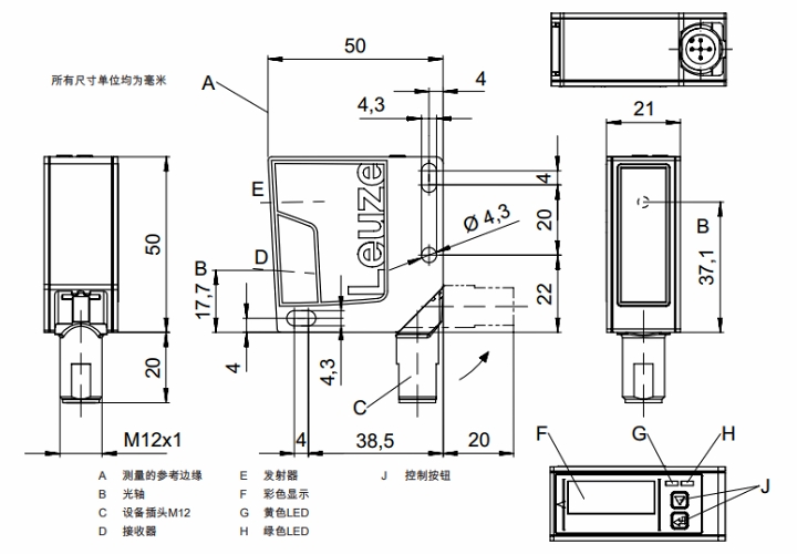 ODS9L2.8/LA6-200-M12 传感器的尺寸图